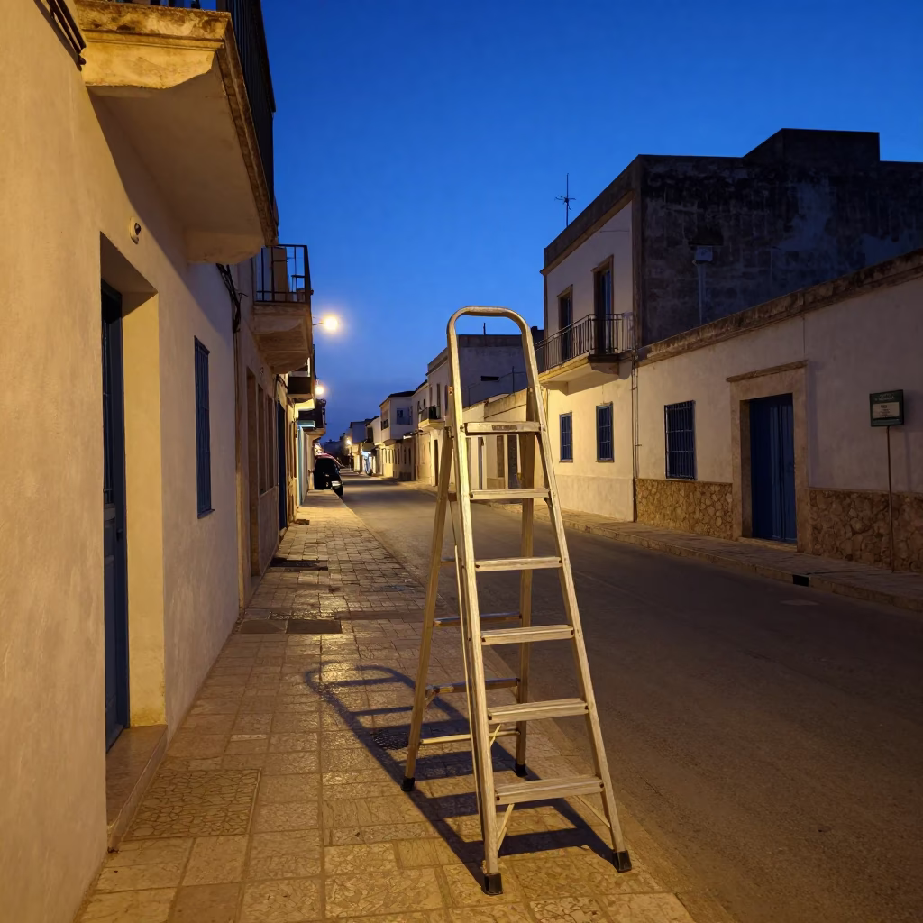 Tunis Tunisia street scene at nautical dawn with step ladder and daily life in in Tunis, Tunisia