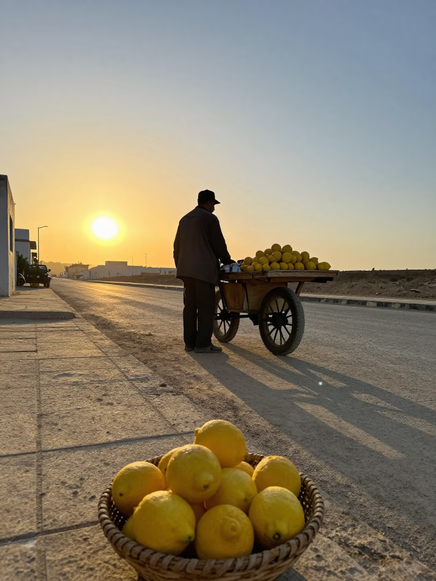 Tunis Tunisia Street Scene at Sunset with Lemons and Enamel Bowls in in Tunis, Tunisia