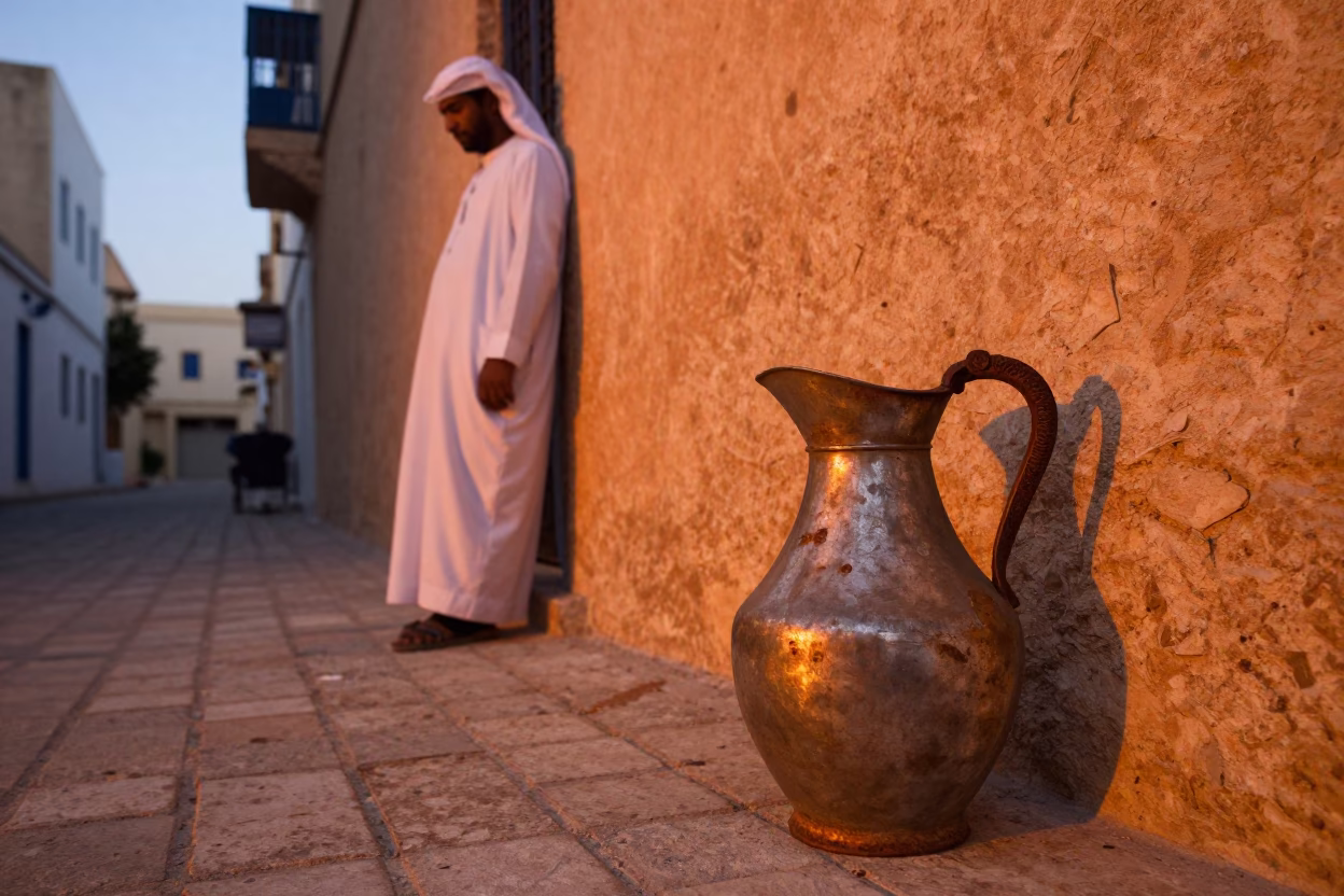 Tunis Tunisia Street Scene Before Dusk with Rustic Pitcher and Lived-In Market Corner in in Tunis, Tunisia