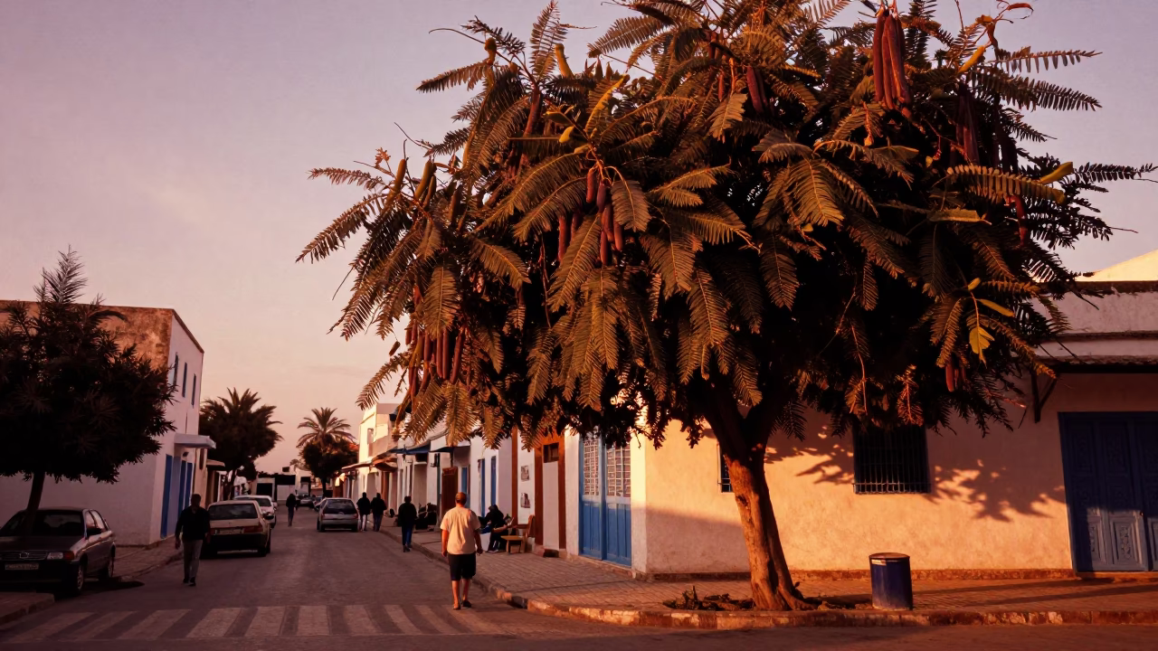 Tunis Tunisia Street Scene Before Dusk with Tamarind Tree and Art Deco Cinema Facade in in Tunis, Tunisia