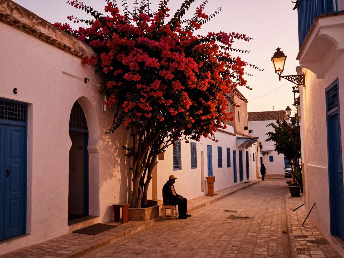 Tunis Tunisia Street Scene Bougainvillea and Tambourine in Copper Dusk Light in in Tunis, Tunisia