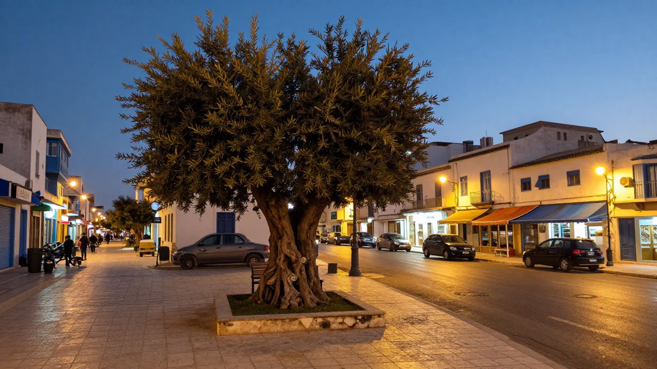 Tunis Tunisia Street Scene Evening Glow with Olive Tree and Local Life in in Tunis, Tunisia