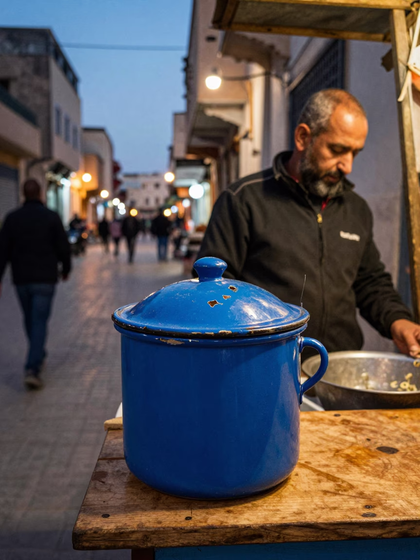 Tunis Tunisia Street Scene Evening Light Chipped Blue Enamel Pot Honey Dipper Local Market in in Tunis, Tunisia