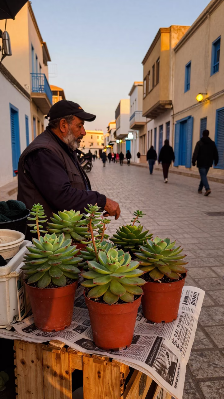 Tunis Tunisia Street Scene Evening Light Potted Succulents and Newspaper Stack in in Tunis, Tunisia