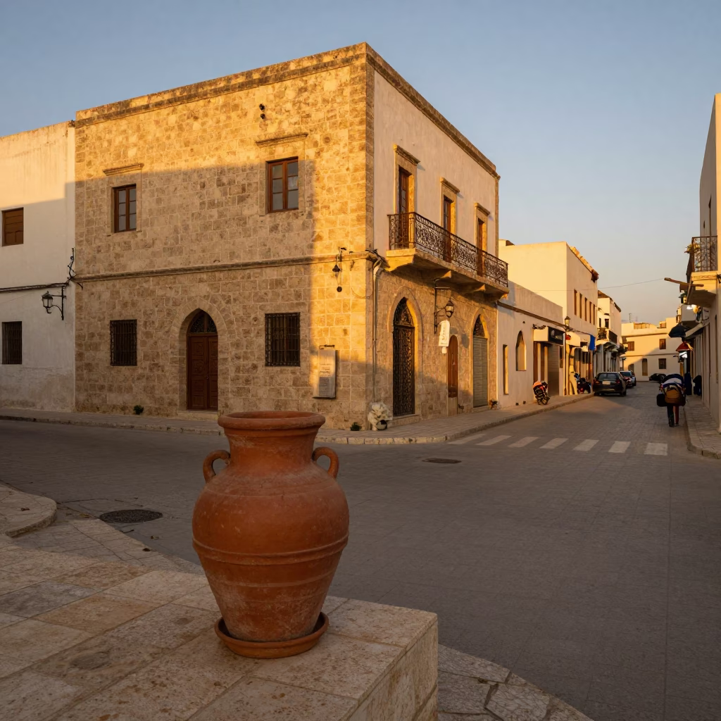 Tunis Tunisia street scene honeyed evening light with terracotta pot and urban architecture in in Tunis, Tunisia