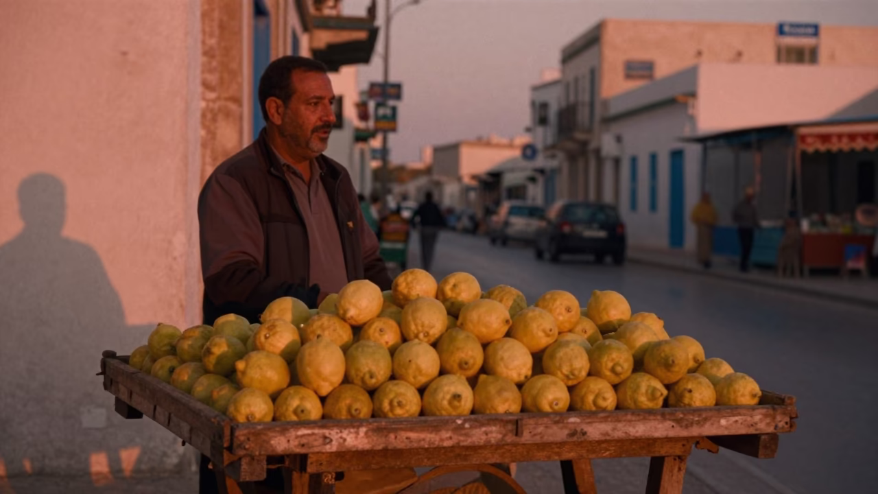 Tunis Tunisia street scene in copper dusk light with lemons and rustic details in in Tunis, Tunisia