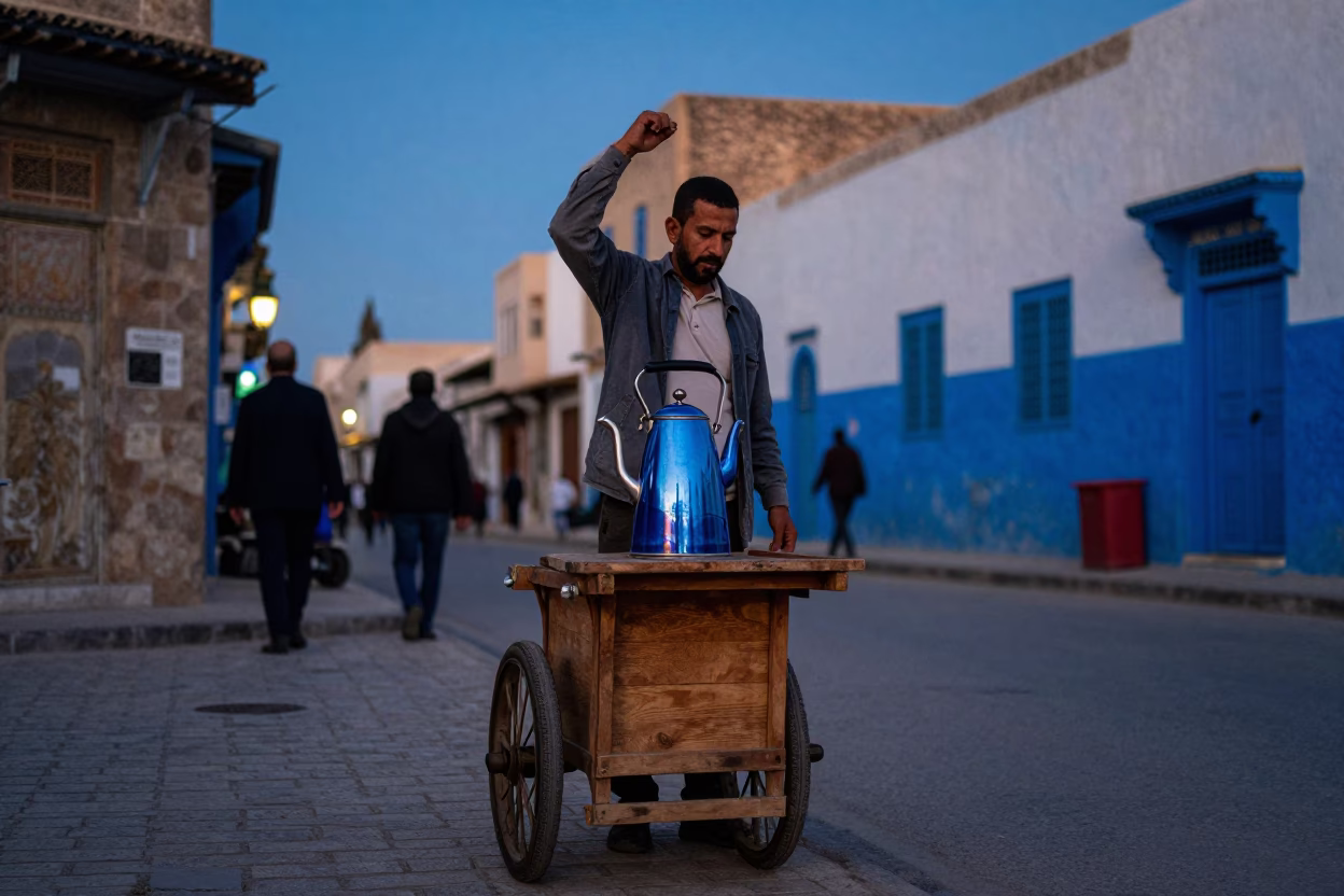 Tunis Tunisia Street Scene Indigo Twilight Vintage 1960s Electric Kettle and Local Life in in Tunis, Tunisia