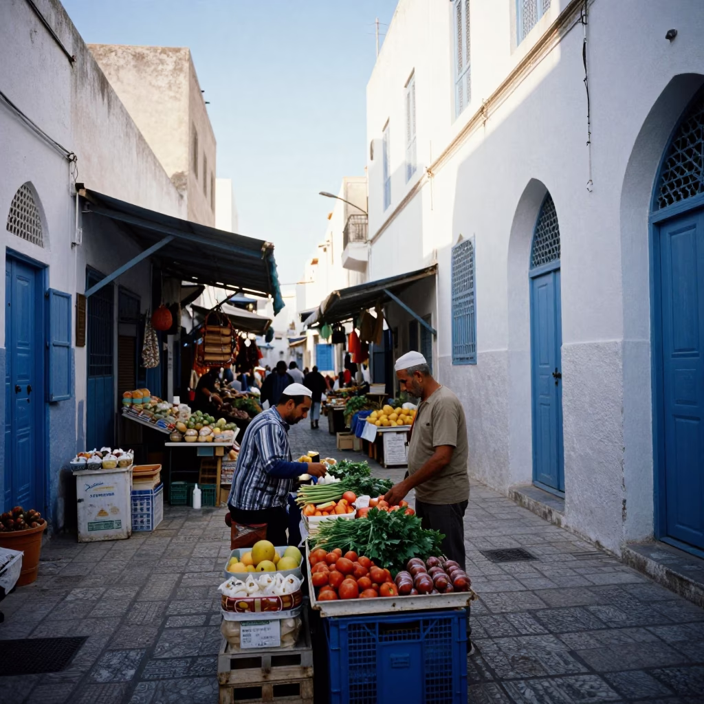 Tunis Tunisia Street Scene Midmorning Light with Local Market Activity and Traditional Architecture in in Tunis, Tunisia