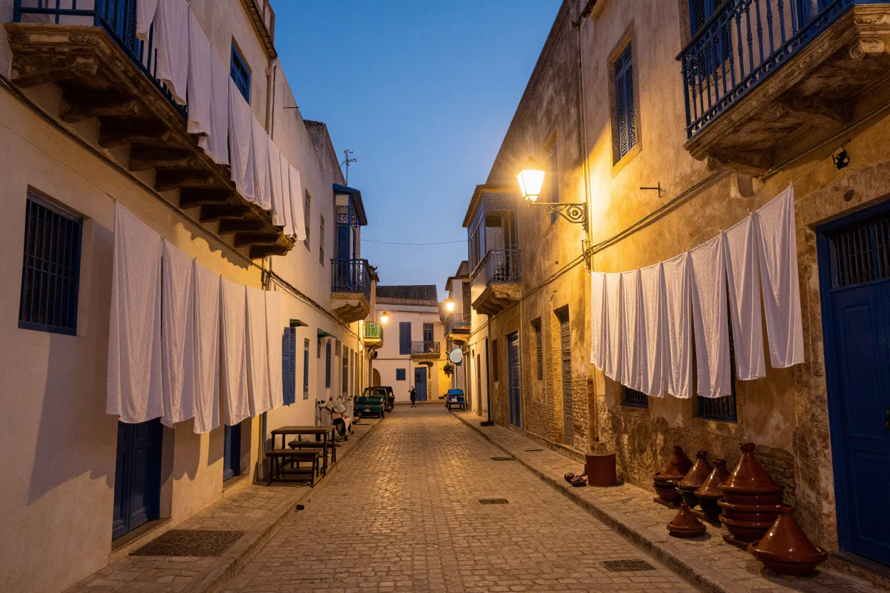 Tunis Tunisia street scene with drying towels and tagine at dusk in in Tunis, Tunisia