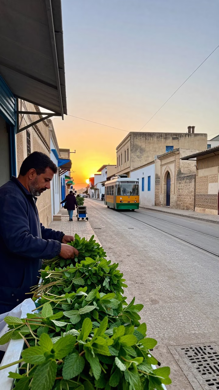 Tunis Tunisia Street Scene with Mint Leaves and Funicular at Sunset in in Tunis, Tunisia