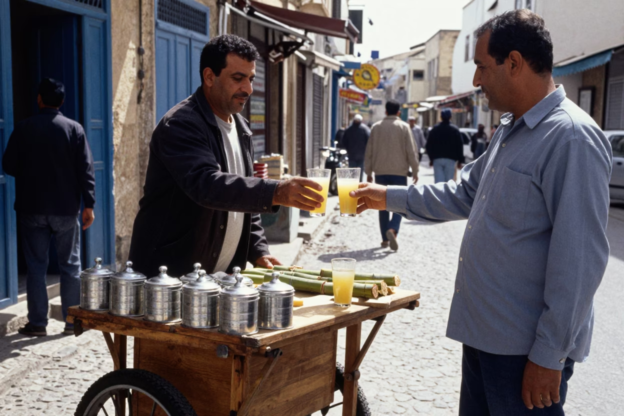 Tunis Tunisia street scene with tea tin and sugarcane juice vendor in in Tunis, Tunisia