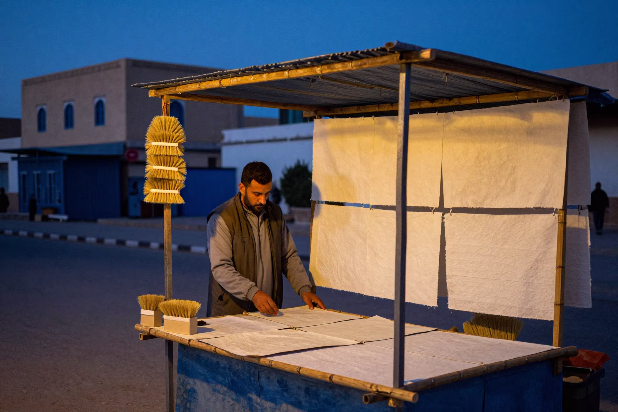 Tunis Tunisia street vendor at blue hour with handmade paper and dish brushes in in Tunis, Tunisia
