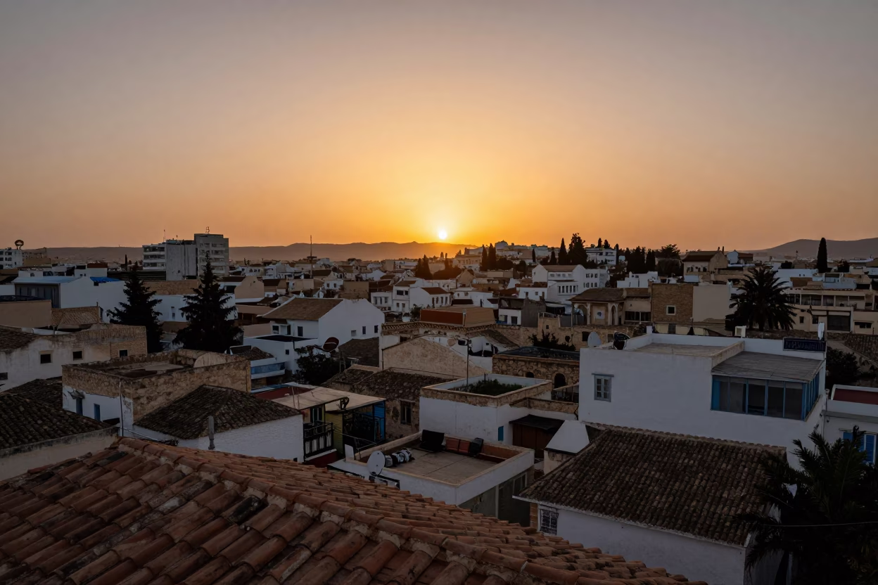 Tunis Tunisia Sunset Horizon View Over Traditional Rooftops and City Skyline in in Tunis, Tunisia
