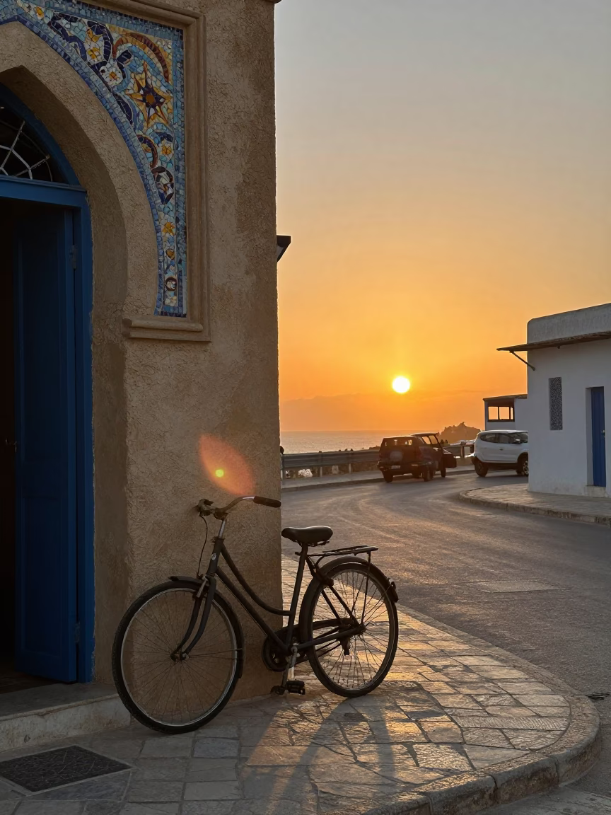 Tunis Tunisia Sunset Street Scene with Bicycle and Mosaic Details in in Tunis, Tunisia