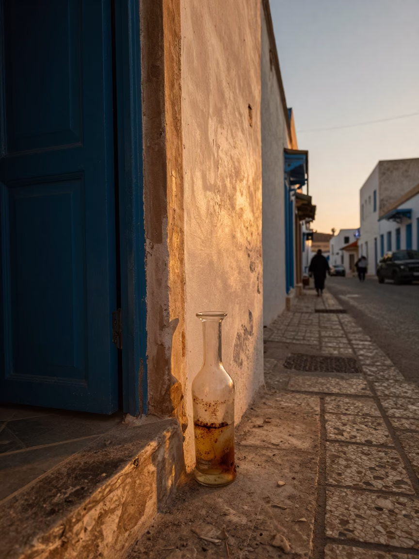 Tunis Tunisia Sunset Street Scene with Carafe and Rust Details in in Tunis, Tunisia
