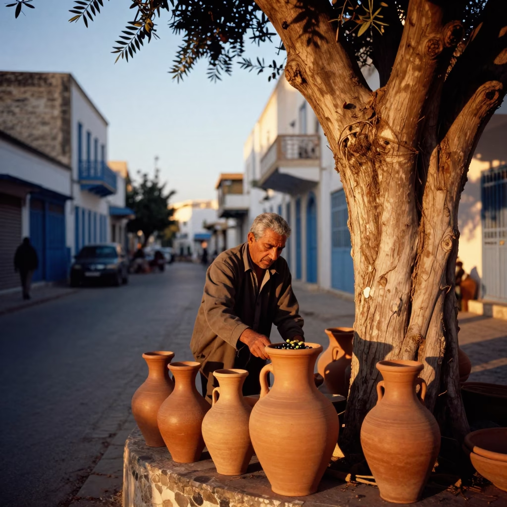 Tunis Tunisia Sunset Street Scene with Clay Pot and Olive Tree in in Tunis, Tunisia
