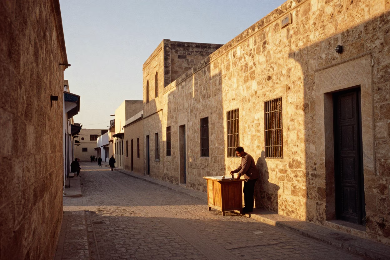 Tunis Tunisia Sunset Street Scene with Dust and Traditional Architecture in in Tunis, Tunisia