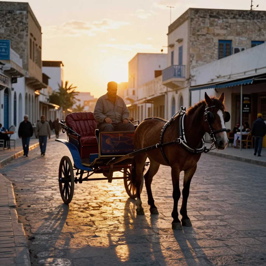 Tunis Tunisia Sunset Street Scene with Horse Drawn Cart and Cobblestone Architecture in in Tunis, Tunisia