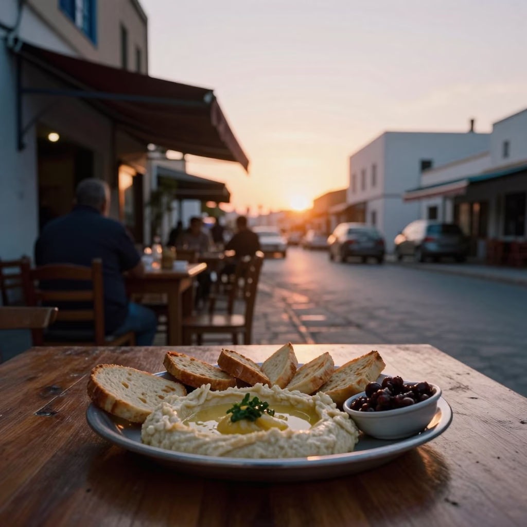 Tunis Tunisia Sunset Street Scene with Mezze Platter and Traditional Cafe Atmosphere in in Tunis, Tunisia