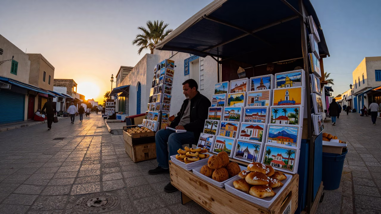 Tunis Tunisia Sunset Street Scene with Postcards and Palmier Pastries in in Tunis, Tunisia