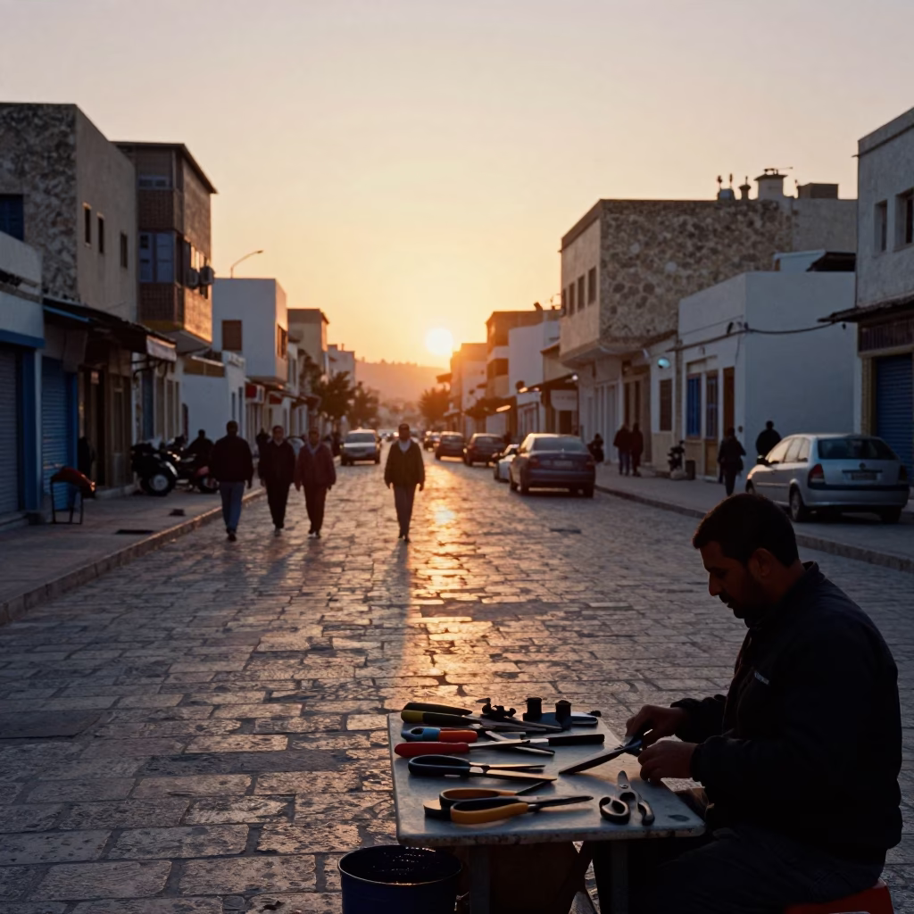 Tunis Tunisia Sunset Street Scene with Tailor Shears and Urban Life in in Tunis, Tunisia