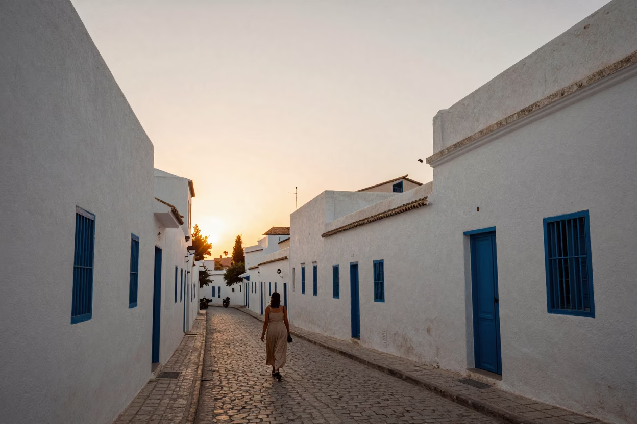 Tunis Tunisia Sunset Street Scene with Traditional White Architecture and Evening Light in in Tunis, Tunisia