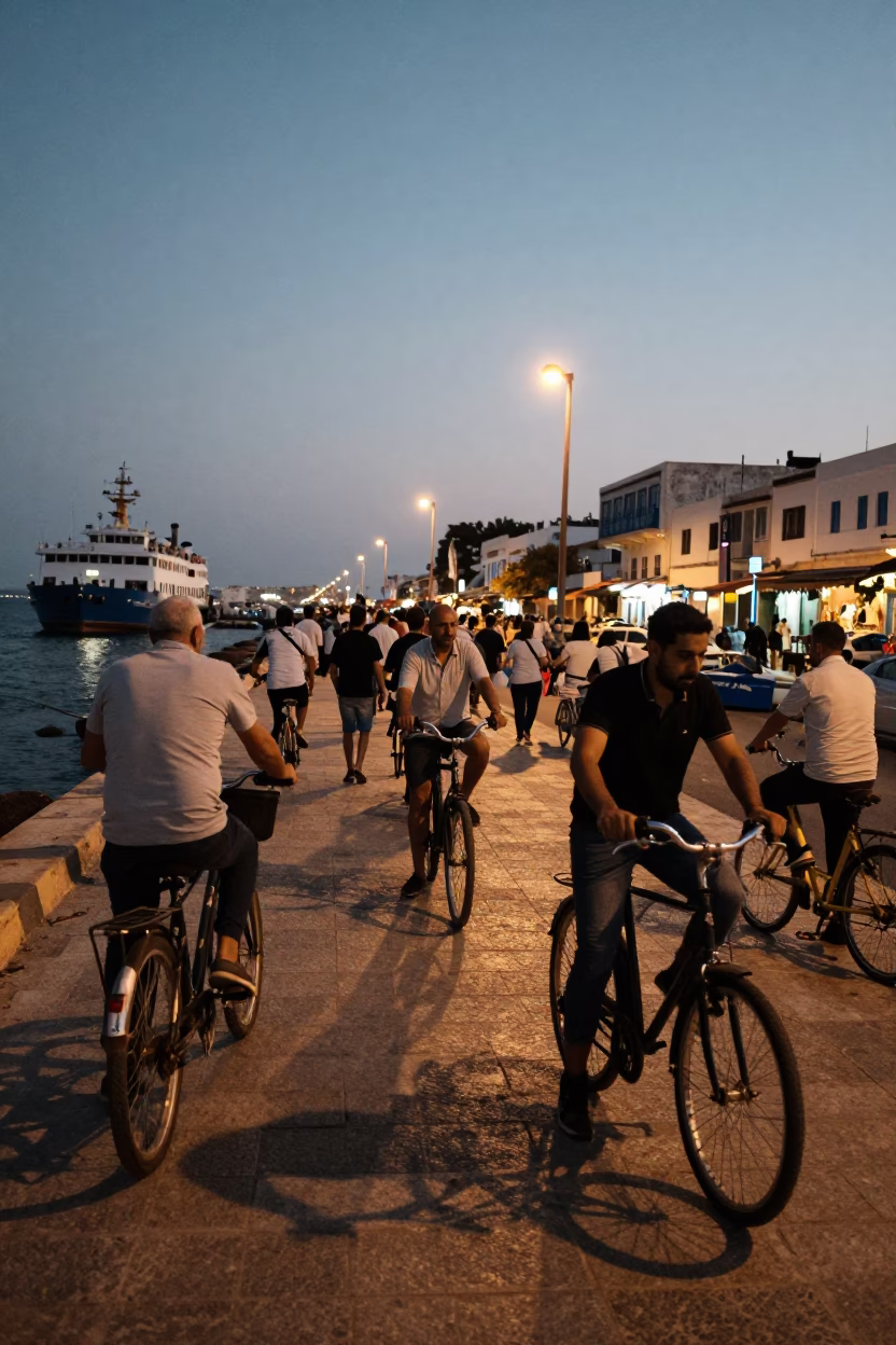 Tunis Tunisia Twilight Street Scene with Ferry Dock and Local Life in in Tunis, Tunisia