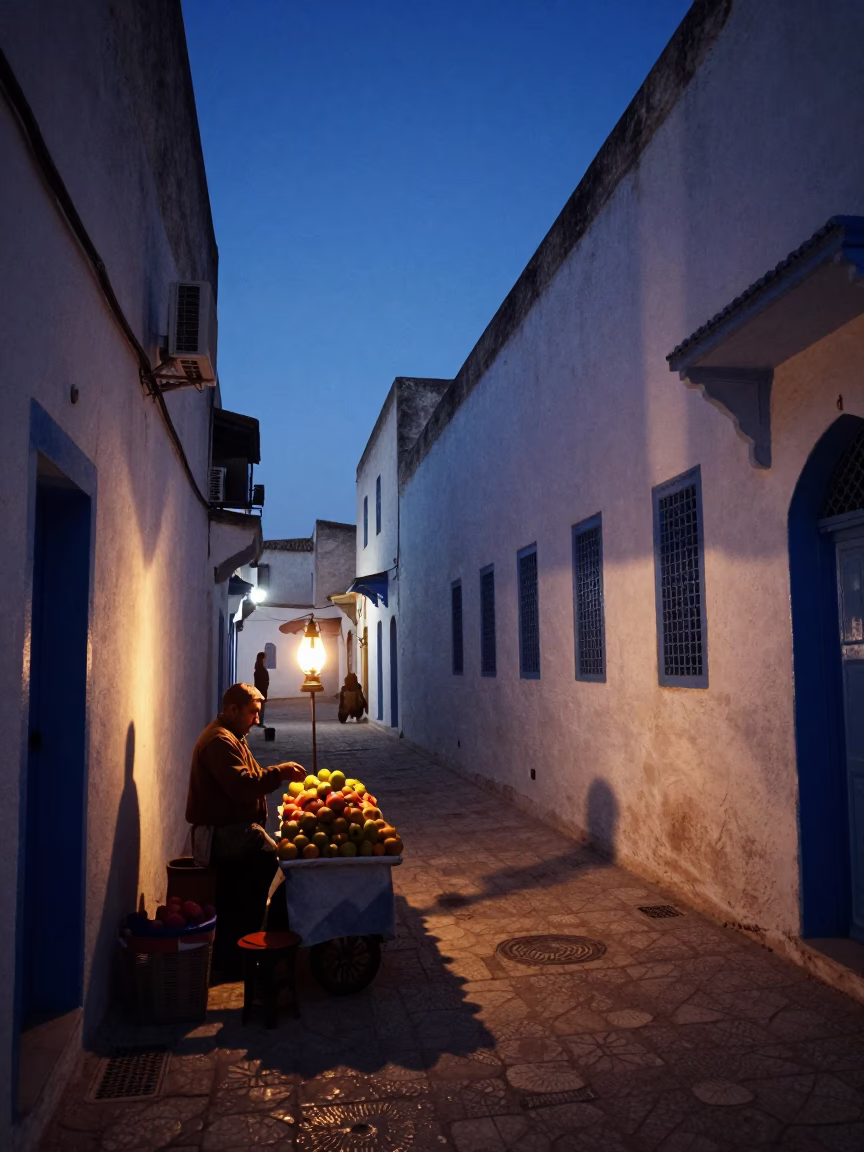 Tunis Tunisia Twilight Street Scene with Fruit Vendor and Traditional Lantern in in Tunis, Tunisia