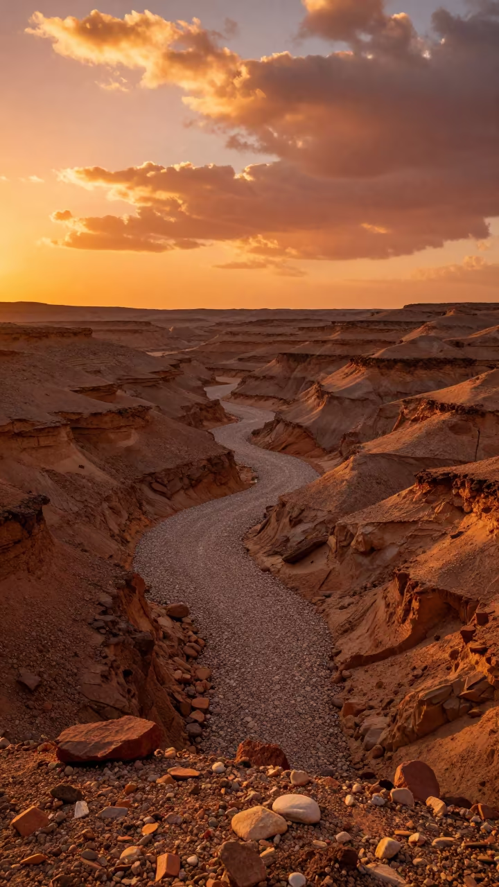 Tunisian Alluvial Fan at Golden Hour Sunset in in Tunisia