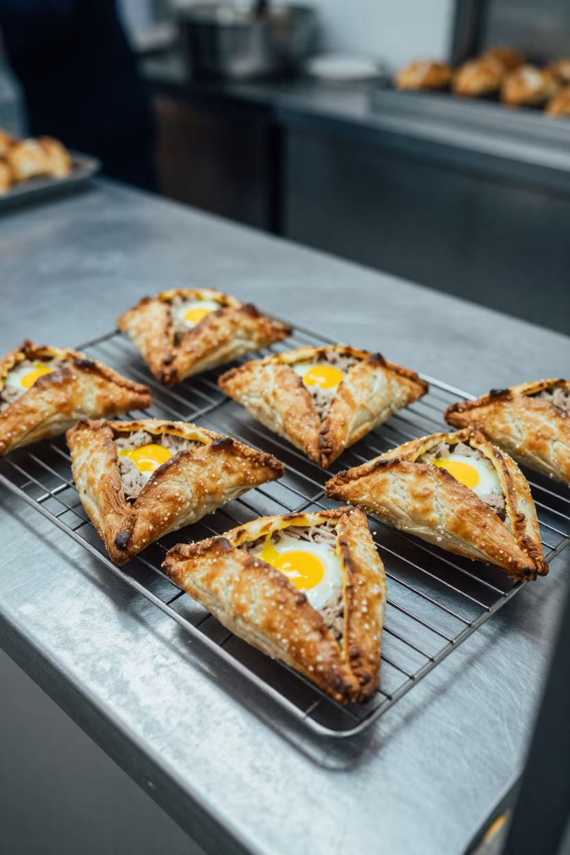 Tunisian Brik Pastry with Tuna and Egg on Bakery Rack in on a bakery cooling rack in Luanda