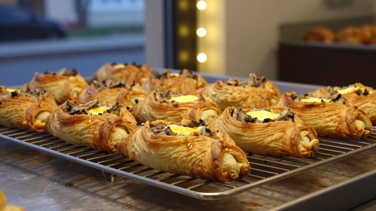 Tunisian Brik Pastry Tuna Egg on Cooling Rack in on a bakery cooling rack in Kahramanmaraş