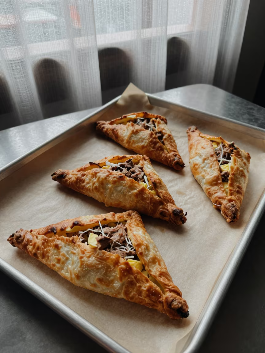 Tunisian Brik Pastry with Tuna Egg Dawn Light in on a parchment-lined pastry tray in Khulna
