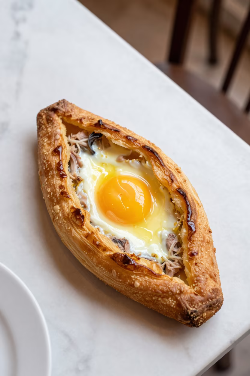 Tunisian Brik Pastry with Tuna and Egg on Marble Table in on a marble cafe table in Chennai
