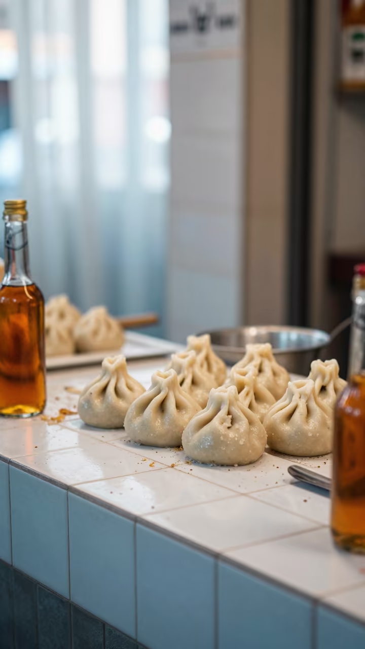 Tunisian dumplings amber wine tile counter in at a market stall counter in Tunis
