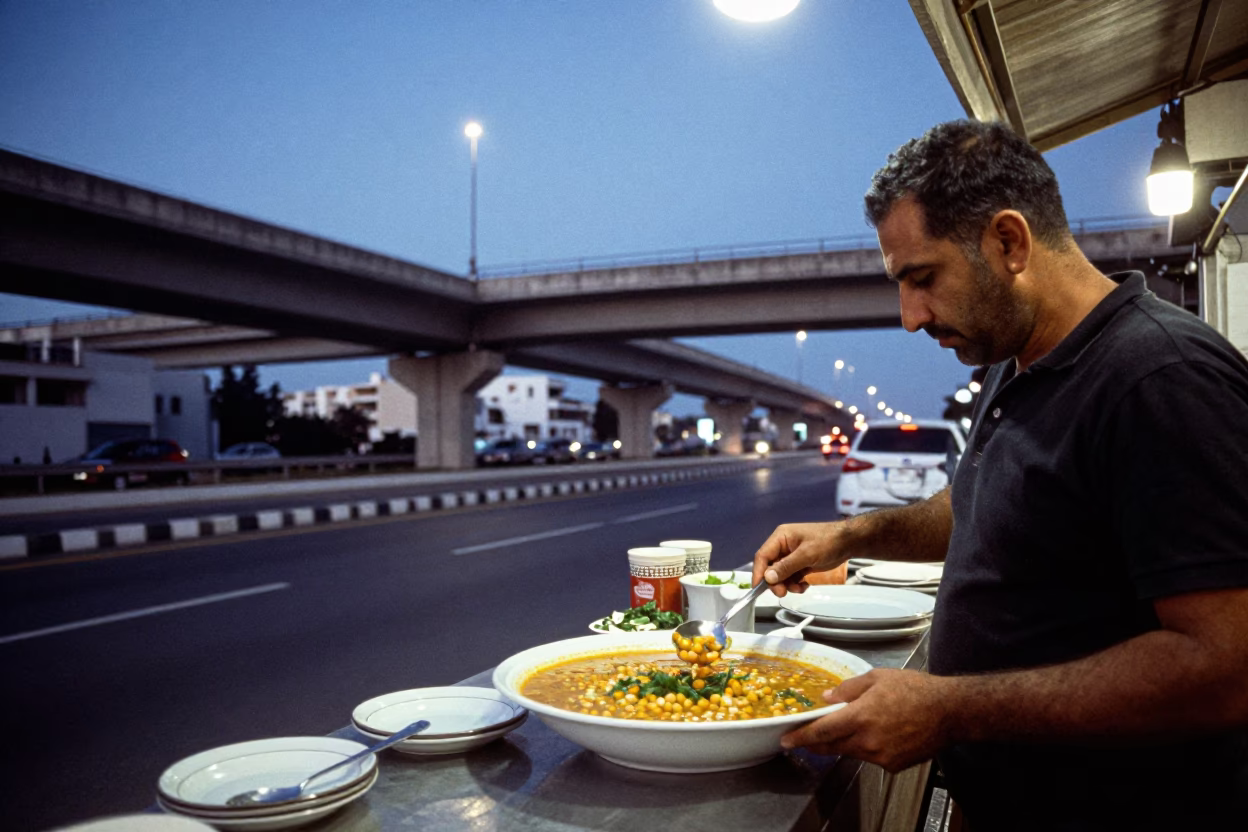 Tunisian Highway Flyover at Twilight with Street Food and Urban Infrastructure in in Tunis, Tunisia