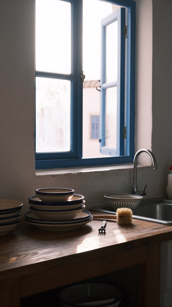 Tunisian Kitchen Interior with Morning Light and Ceramic Dishes in in Tunis, Tunisia