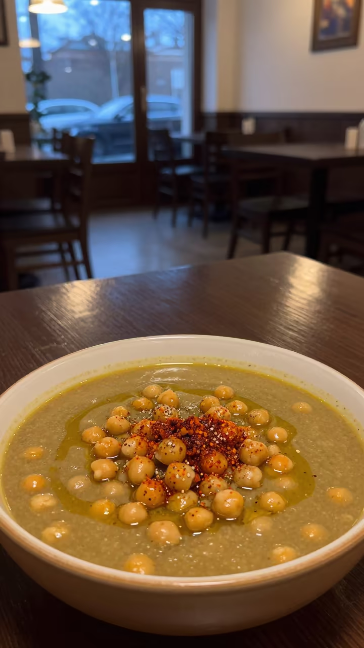 Tunisian Lablabi Chickpea Soup in Kyiv Restaurant in on a restaurant table in Kyiv