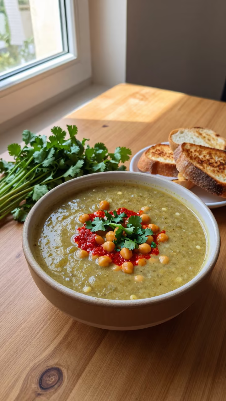 Tunisian Lablabi Soup Bowl in Kyoto Window Light in on a small dining table by a window in Kyoto
