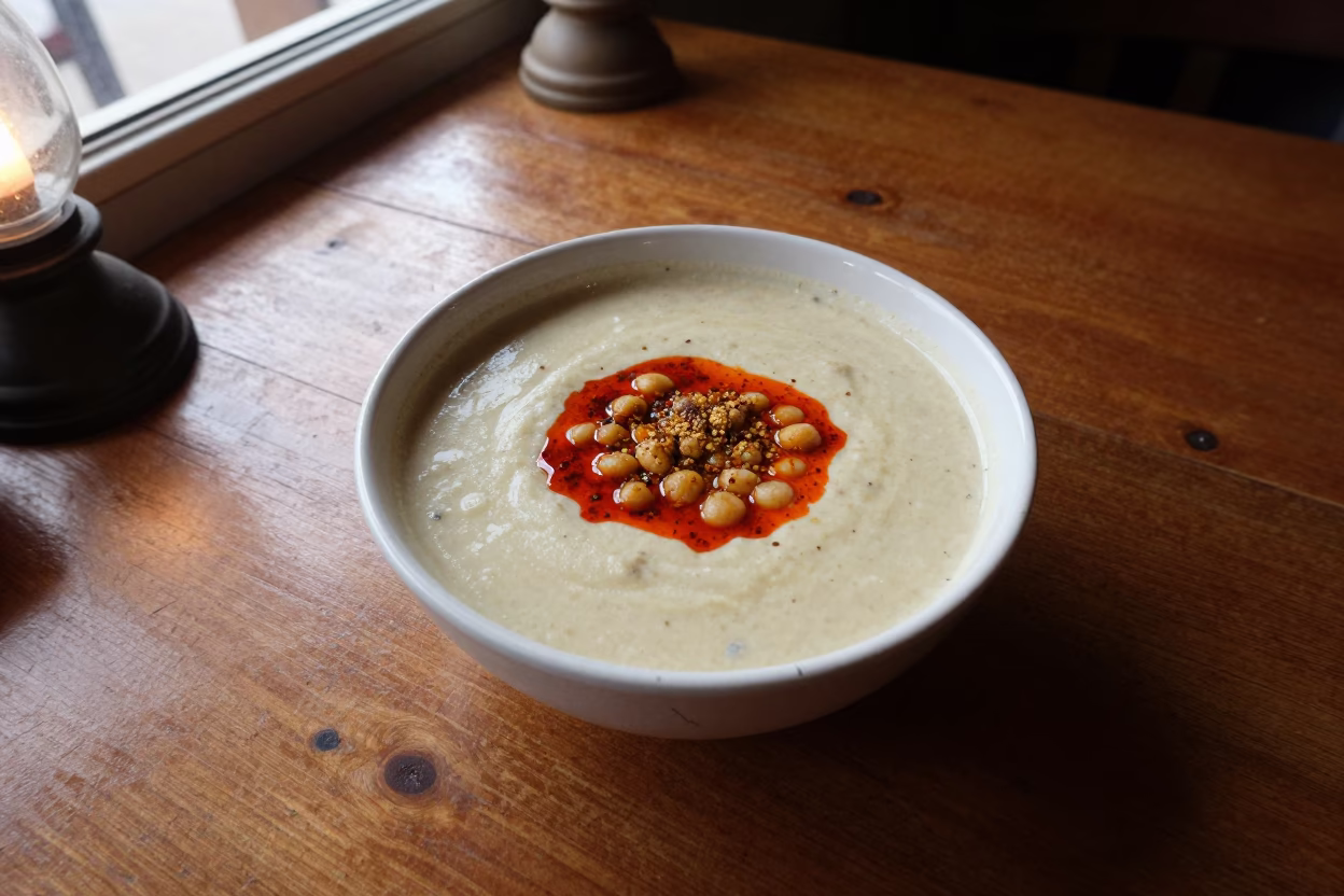 Tunisian Lablabi Soup Bowl Uyo Restaurant in on a restaurant table in Uyo