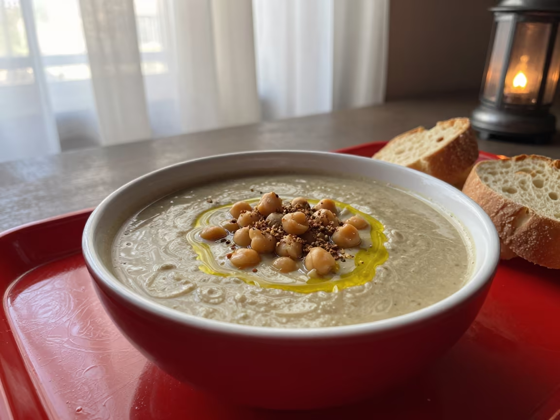 Tunisian Lablabi Soup on Lacquered Tray in on a lacquered tray in Algiers