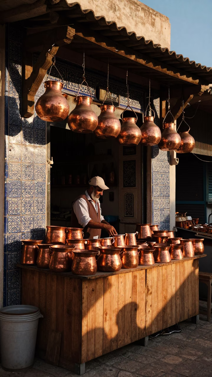 Tunisian Market Stall with Copper Pots Catching Golden Hour Light in in Tunis, Tunisia