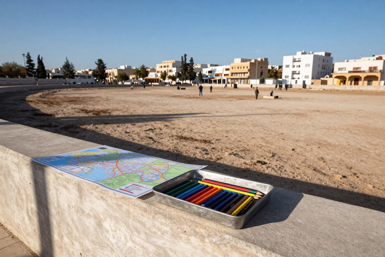 Tunisian Parade Ground Map Tray in Late Afternoon in on a parade ground in Tunisia
