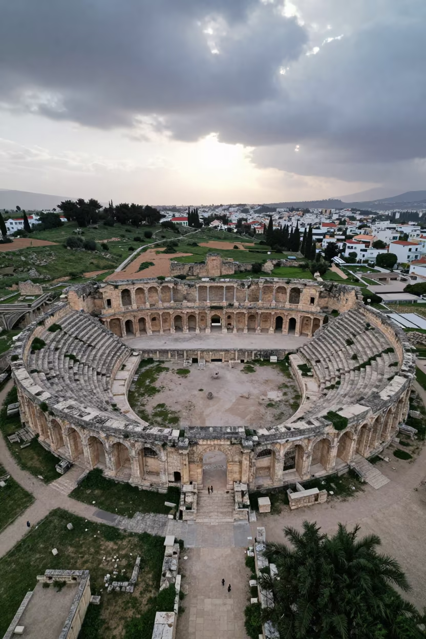 Tunisian Roman Ruin Aerial View at Dawn in through an abandoned ceremonial court in Tunisia