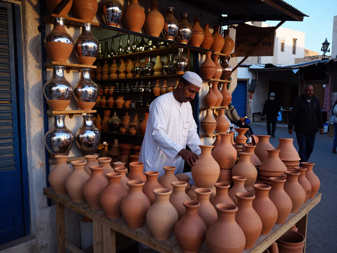 Tunisian Souk Stall at Blue Hour Clay Pots and Steel Reflections in in Tunis, Tunisia