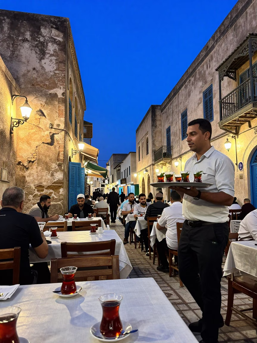Tunisian street cafe at twilight with tea glasses and traditional decor in in Tunis, Tunisia