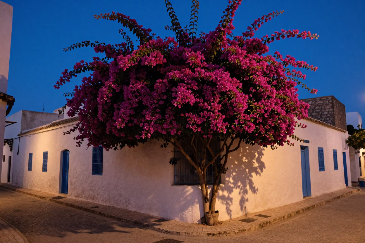 Tunisian Street Corner at Indigo Twilight with Bougainvillea and Local Life in in Tunis, Tunisia