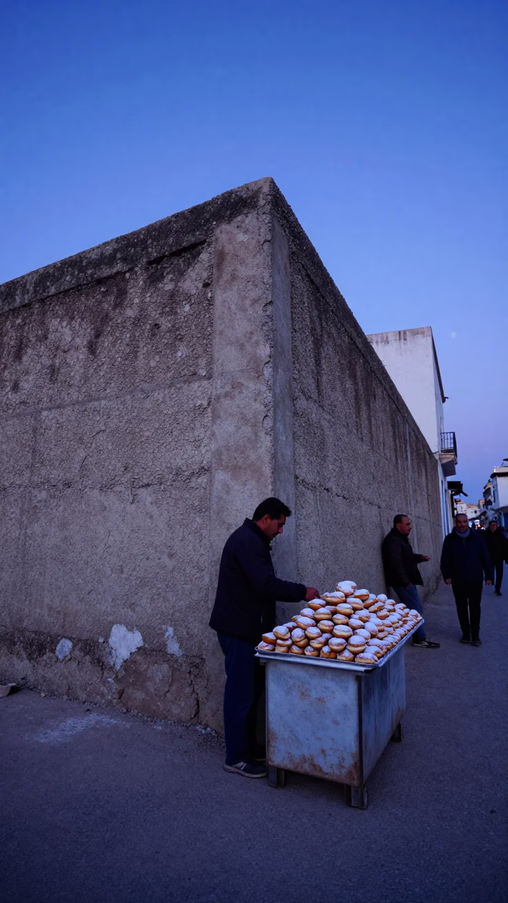 Tunisian Street Corner at Indigo Twilight with Dust and Daily Life in Tunis in in Tunis, Tunisia