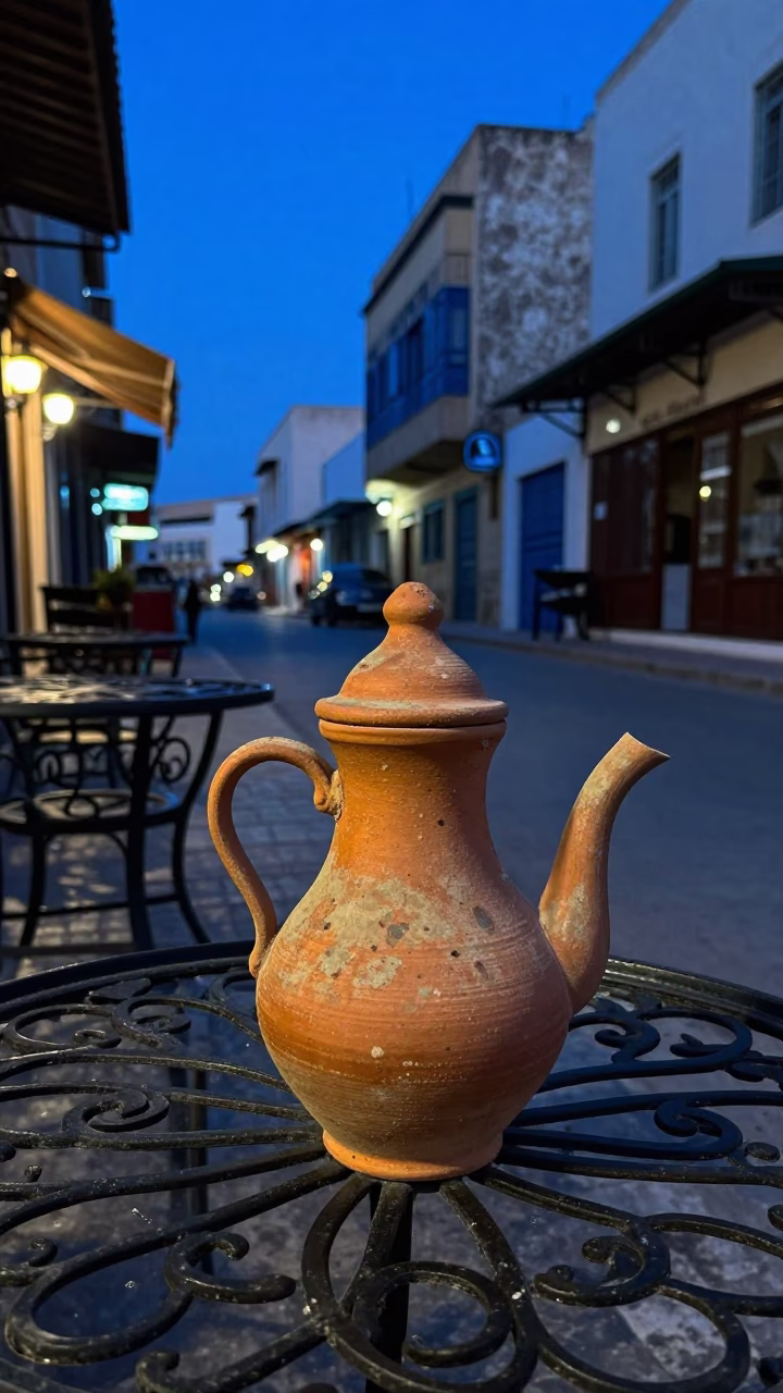 Tunisian Street Evening Scene with Clay Teapot and Wicker Shadow in Blue Light in in Tunis, Tunisia