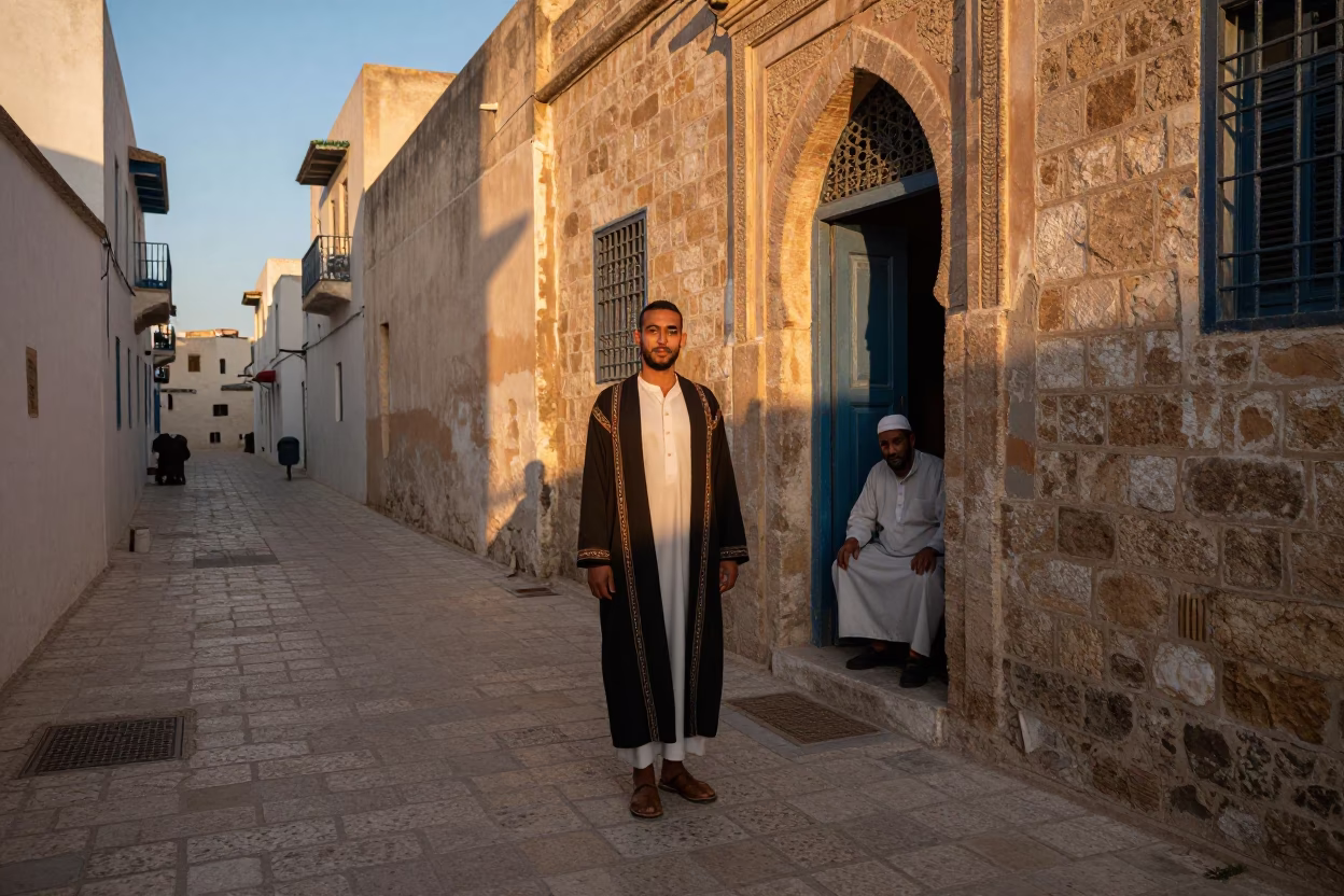 Tunisian Street Fashion Portrait at Nautical Dawn Near the Medina with Pruning Shears in in Tunis, Tunisia