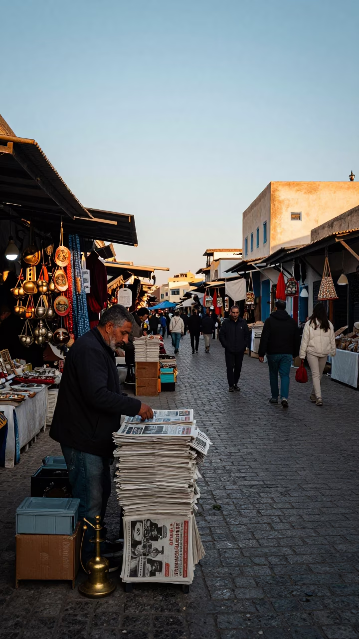 Tunisian Street Market at Nautical Dawn with Newspaper Stack and Garlic Press in in Tunis, Tunisia